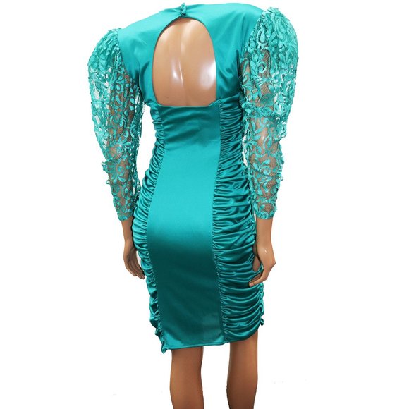 Mavens of California Vintage Body Con 80s Ruche Party Dress Puff Lace Sleeve 7 - Picture 10 of 10